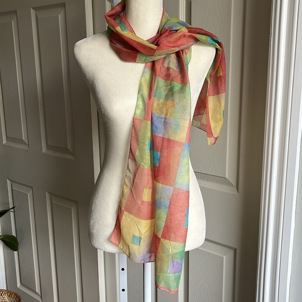Vintage Geometric Multicolor Silky Scarf Semi Sheer Lightweight